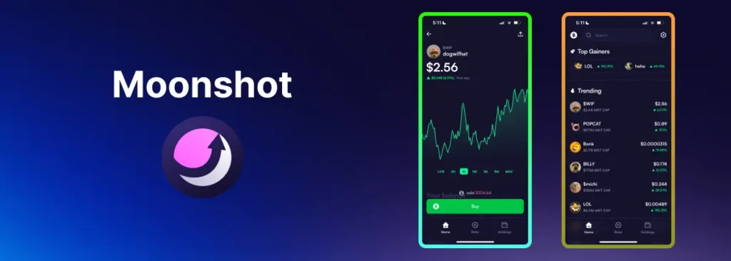 Moonshot Solana screenshot showing trending memecoins